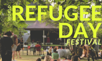 Valokuva Lapinlahdesta ja teksti world refugee day festival.