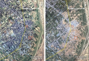 Satelliittikuvat 6. joulukuuta 2023 ja 16. tammikuuta 2024 osoittavat Khuza'an kaupungissa tapahtuneiden tuhojen laajuuden. 